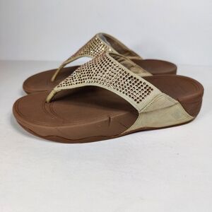 Fitflop Rokkit Rhinestone Studded Tan Thong Wedge Slip On Open Toe Flip Flops 7